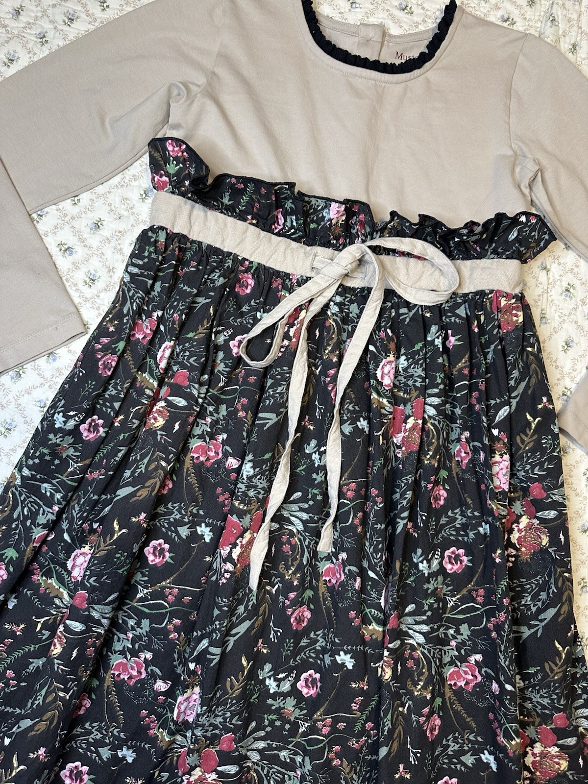 Mustard Pie Girls 10 Floral Twirl Dress Beige Black Multi Ruffle Cottagecore