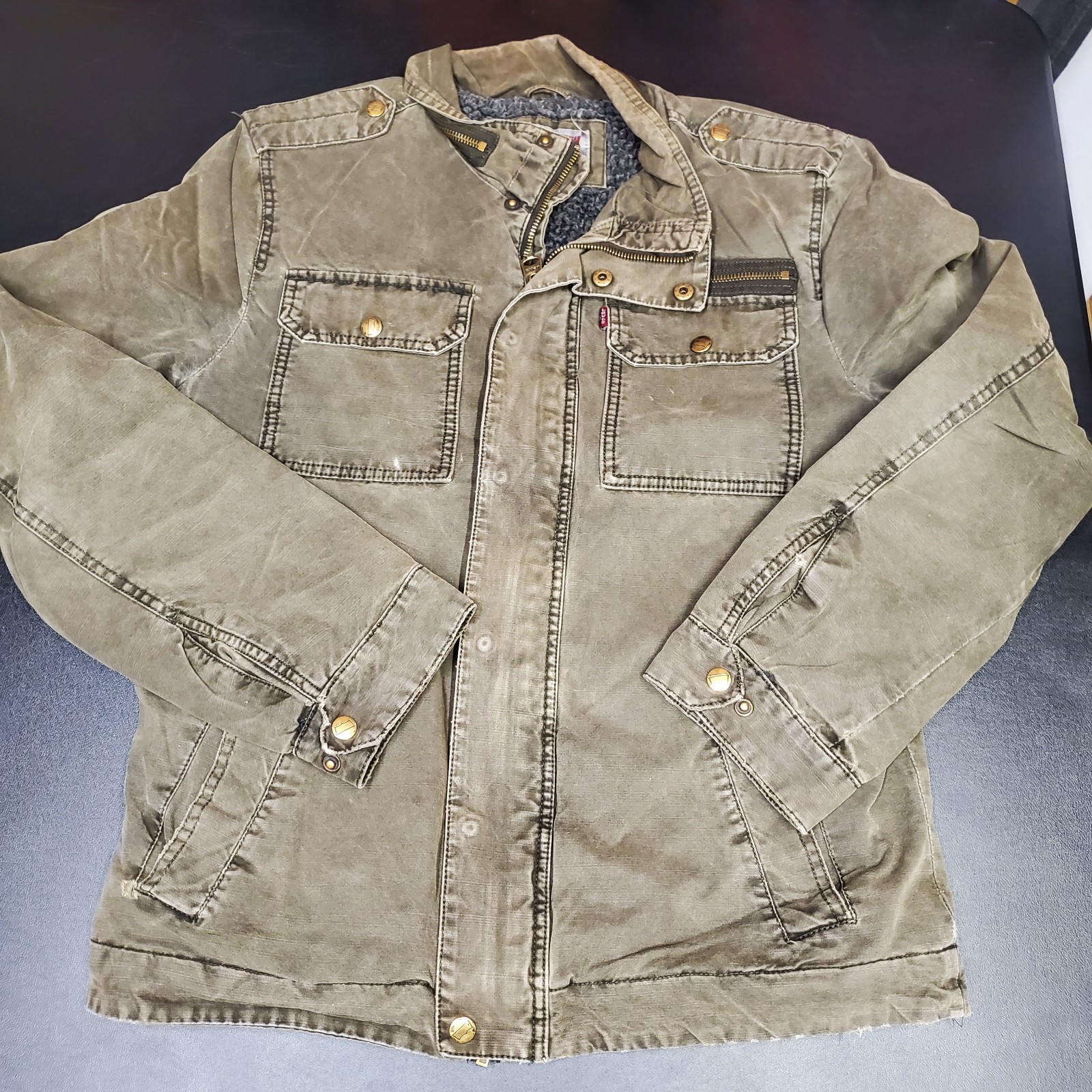 Levis Jacket Mens Brown Canvas Sherpa Lined Heavy Full Zip Sz S 20×26