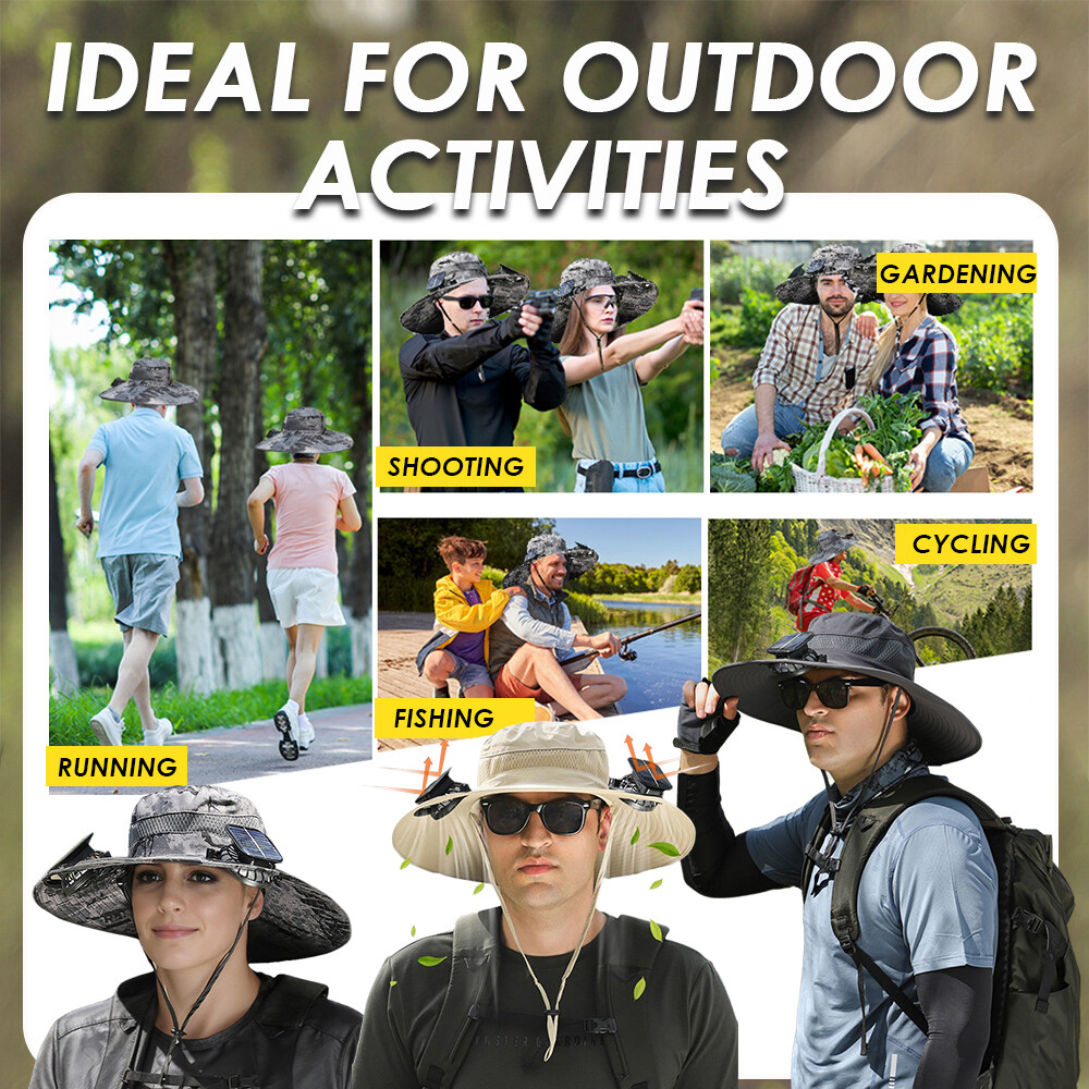 Wide Brim Sun Hat with Solar & USB Powered Fan UV Protection for Camping Fishing