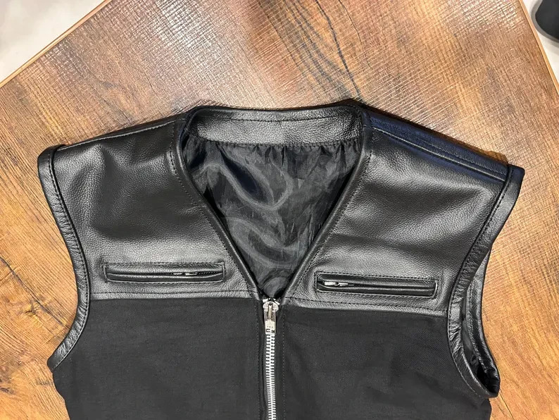 Men’s Leather & Canvas Motorcycle Vest Black Biker Club Zipper Riding Vest New