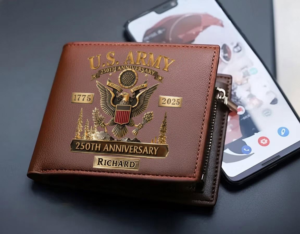 Personalized US Army Leather Wallet 250th Anniversary Custom Veteran Gift Men US