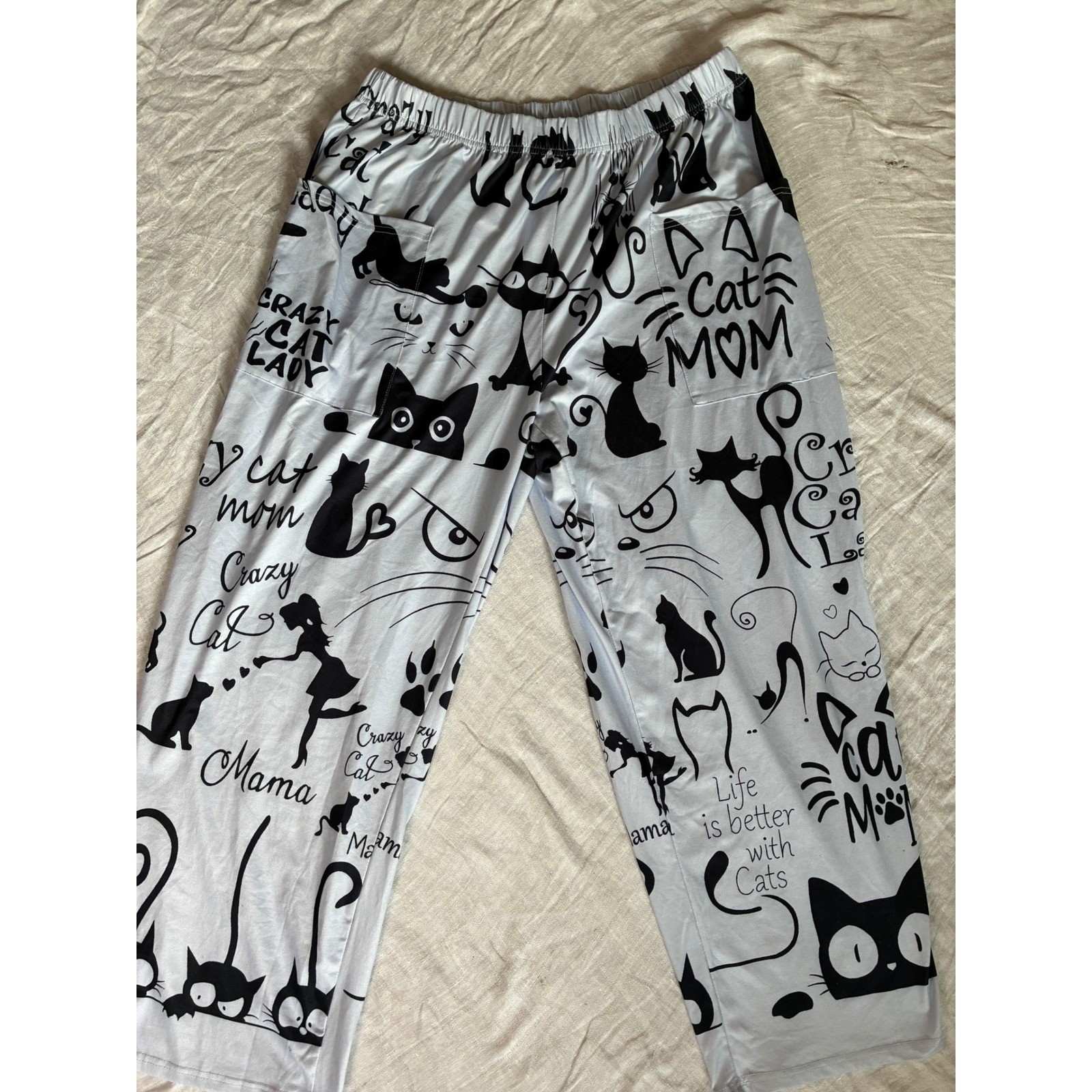 Cat Lady Pajama Pants Women 3XL Gray Mom Graphic Print Loungewear Sleepwear
