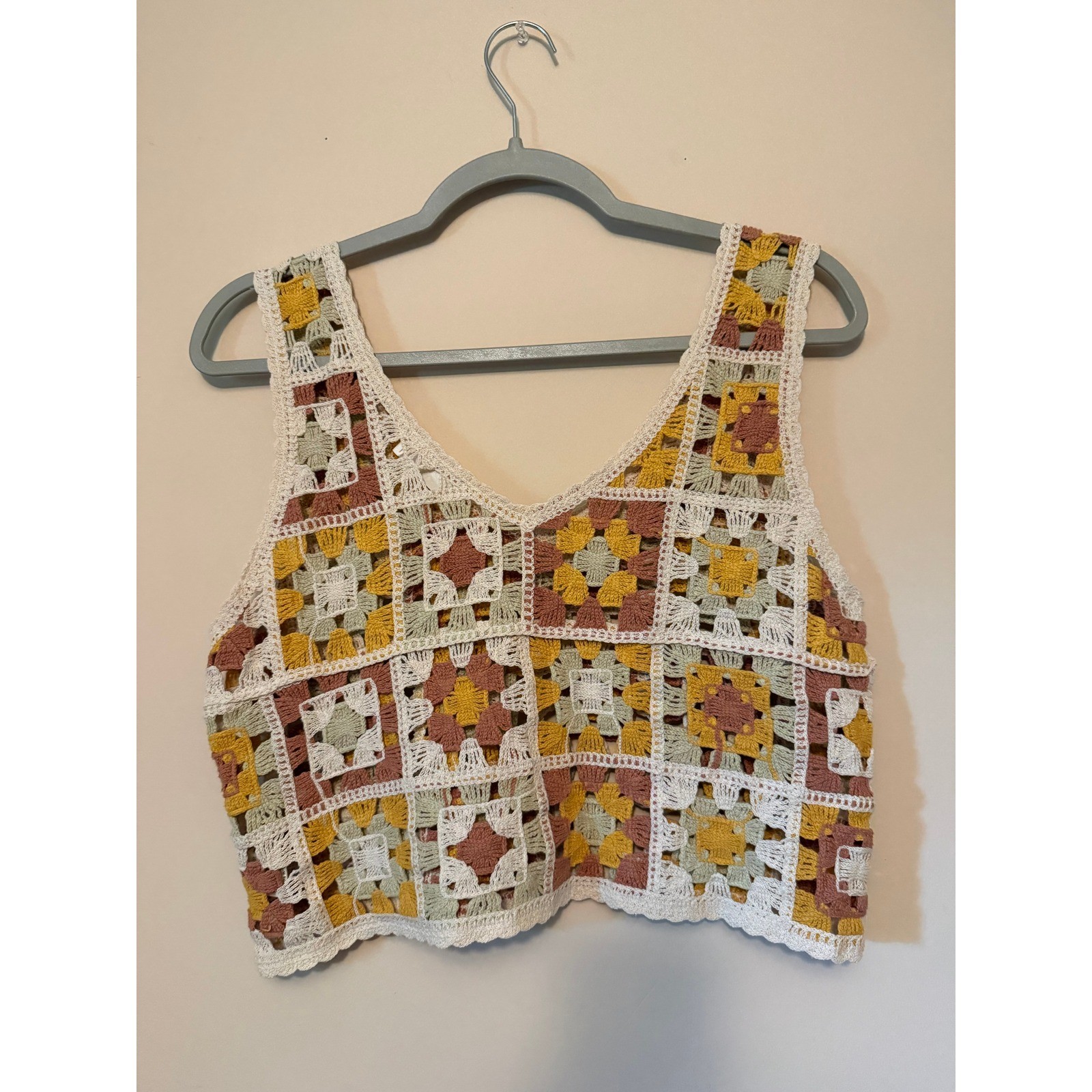Granny Square Crochet Crop Tank Top Multi Color Boho S/M