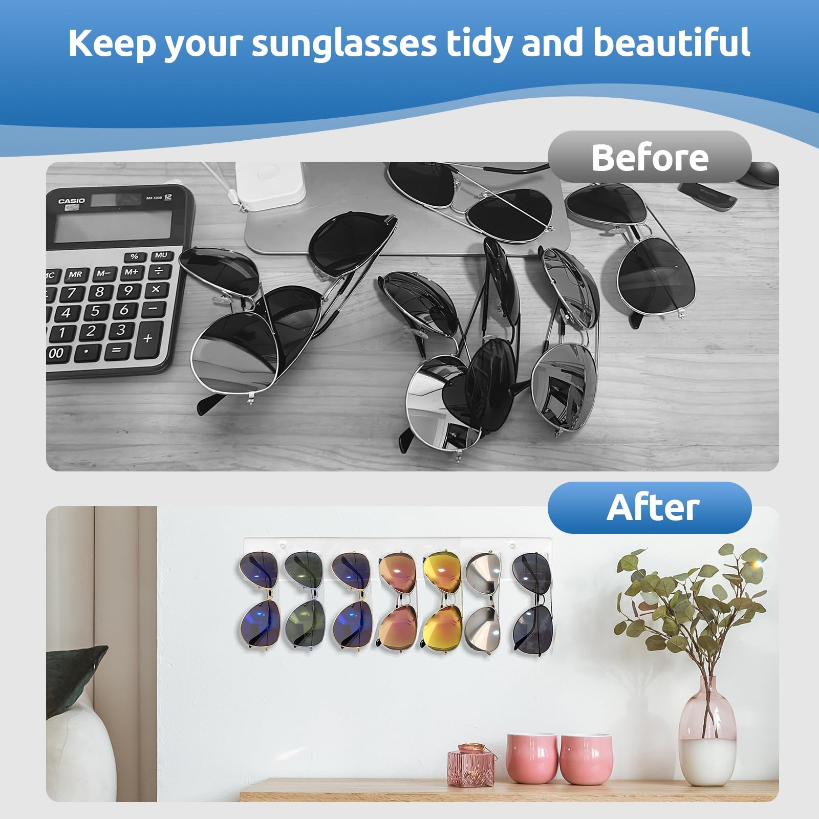 Meaocer Sunglasses Organizer 2 Pack, Wall Glasses Holder, Acrylic Clear