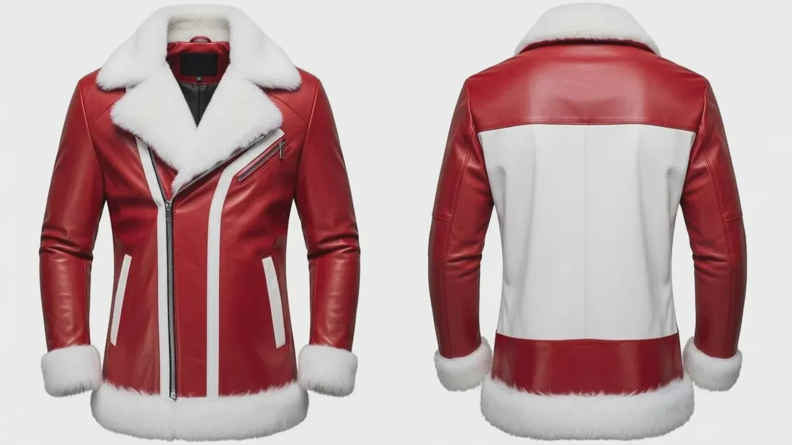 Men’s Red Leather Shearling Jacket | White Fur Collar Biker Coat