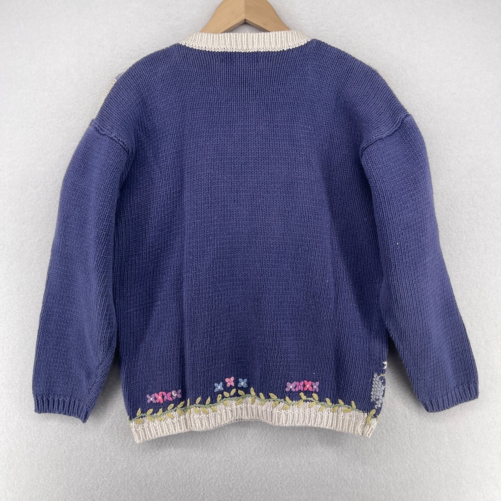 JENNIFER REED Sweater S Cottagecore Floral 80s Handknit Ramie Cotton Blue HK VTG