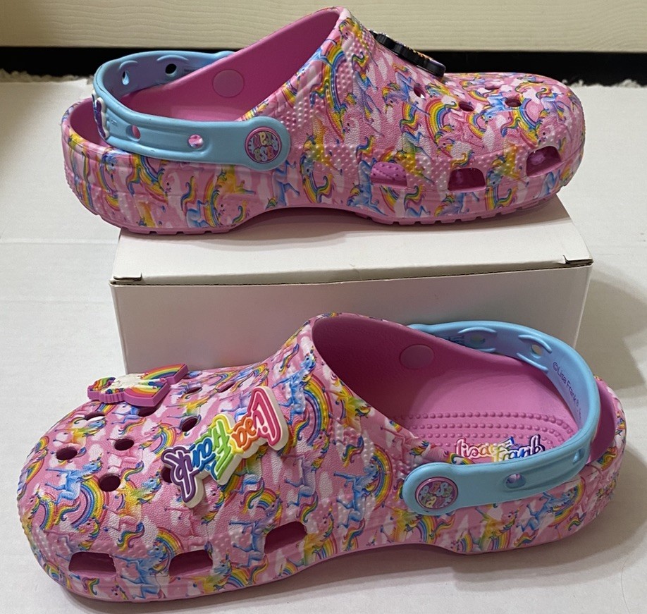 Crocs x Lisa Frank Unicorn Rainbow Classic Clogs Kids J4 Women’s 6 Pink w/charms