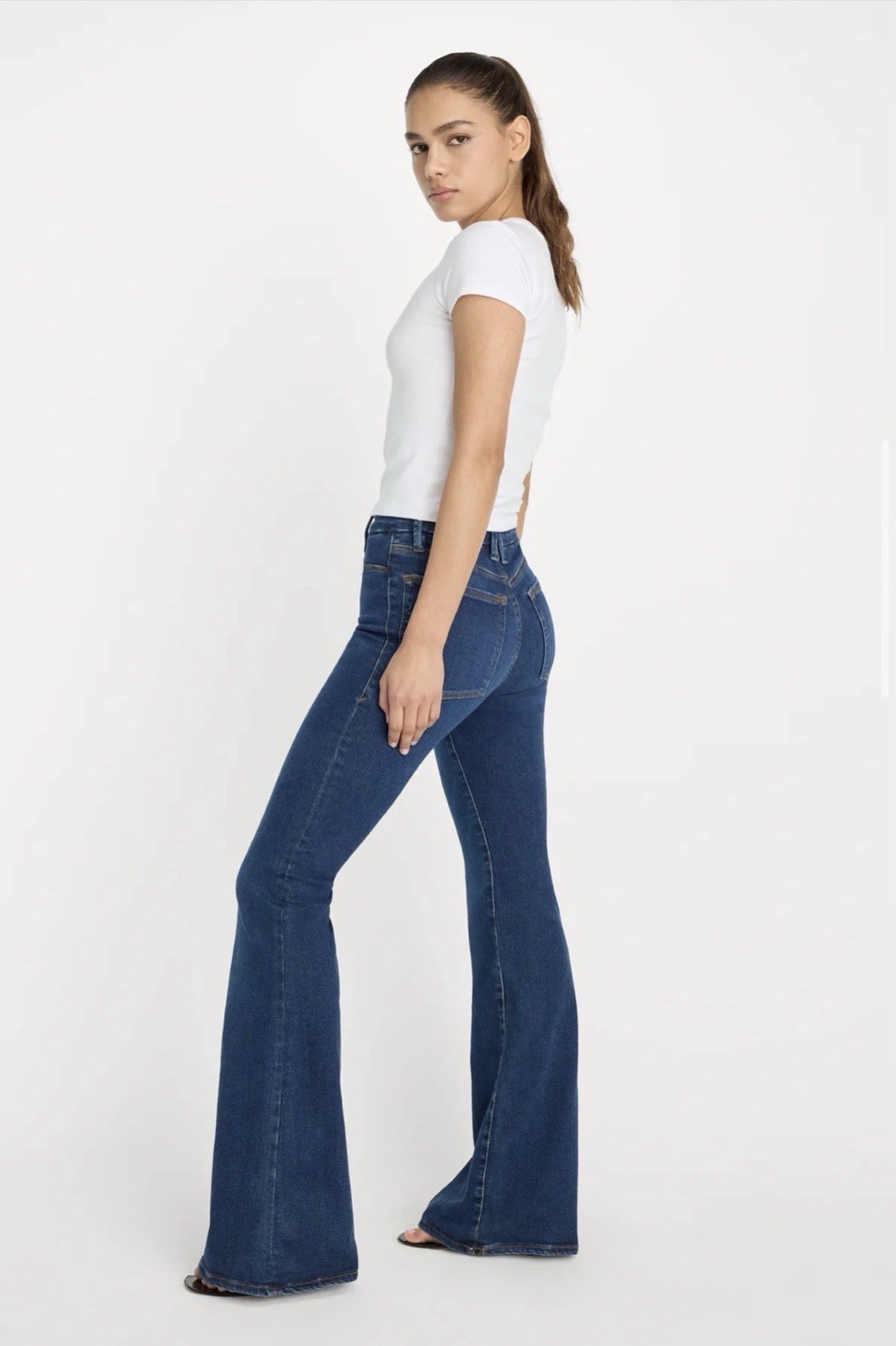 NWT Good American Power Stretch Pull-on Flare Jeans Indigo Sz L 33.5 Inseam Tall