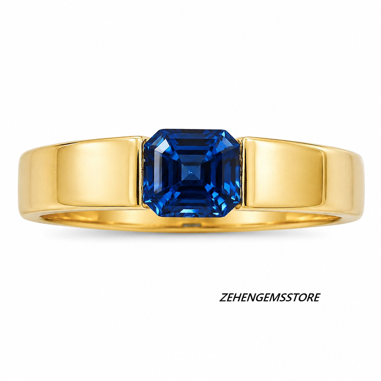 Lab created Men’s Blue Sapphire Signet Ring 925 Sterling Silver Gold Plated Ring