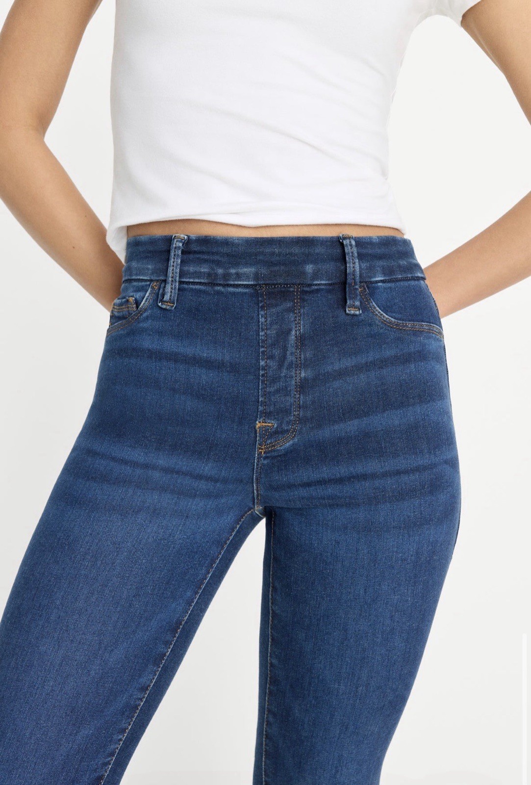 NWT Good American Power Stretch Pull-on Flare Jeans Indigo Sz L 33.5 Inseam Tall