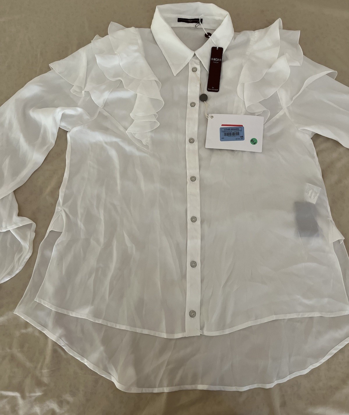 NWT Italy HIGH Tech/Use by Claire Campbell Ruffle Blouse Top White Sheer US 12