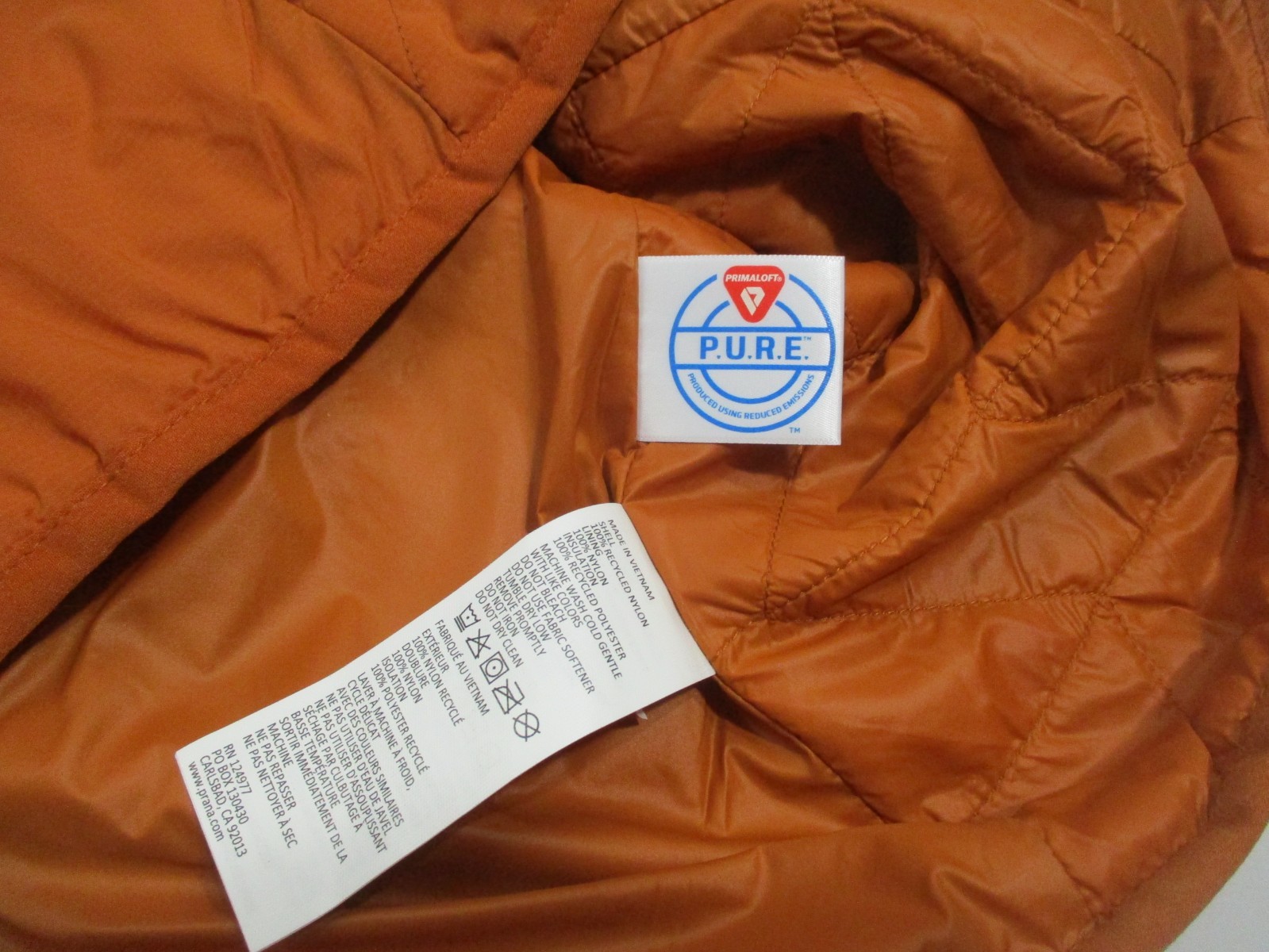Prana Jacket Womens Medium Primaloft Puffer Coat Burnt Orange Hooded