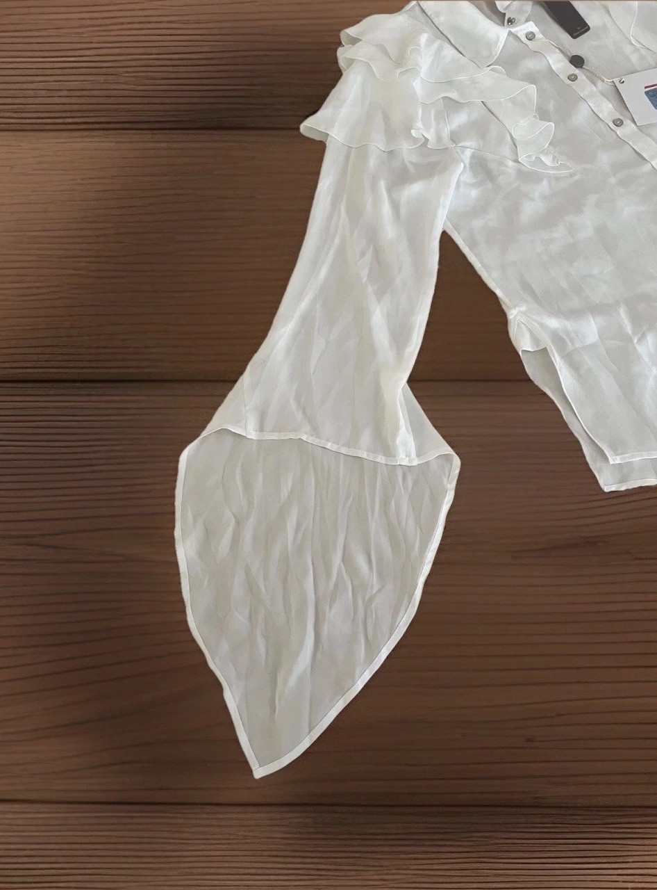 NWT Italy HIGH Tech/Use by Claire Campbell Ruffle Blouse Top White Sheer US 12