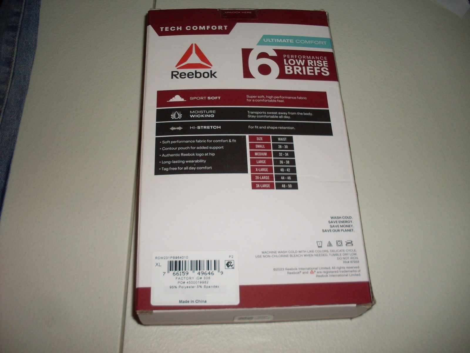 MENS REEBOK MOISTURE WICKING TECH COMFORT LOW RISE BRIEFS 6 PACK SIZE XL NEW