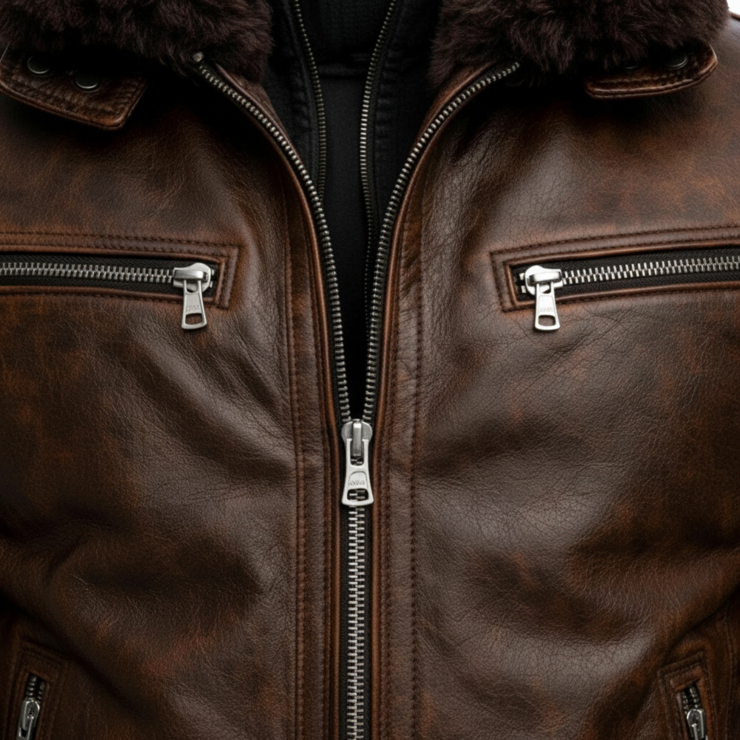 Men’s Brown Distressed Leather Jacket Shearling Fur Lined Bomber Jacket