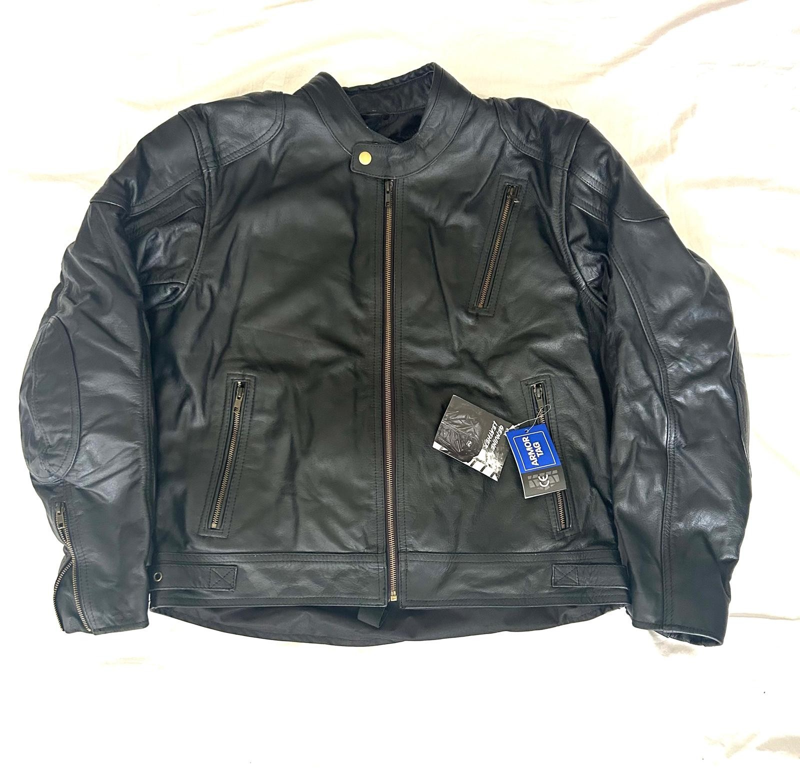 HWK Men’s Genuine Leather Motorcycle Jacket Black Biker Cafe Racer Armor, XL