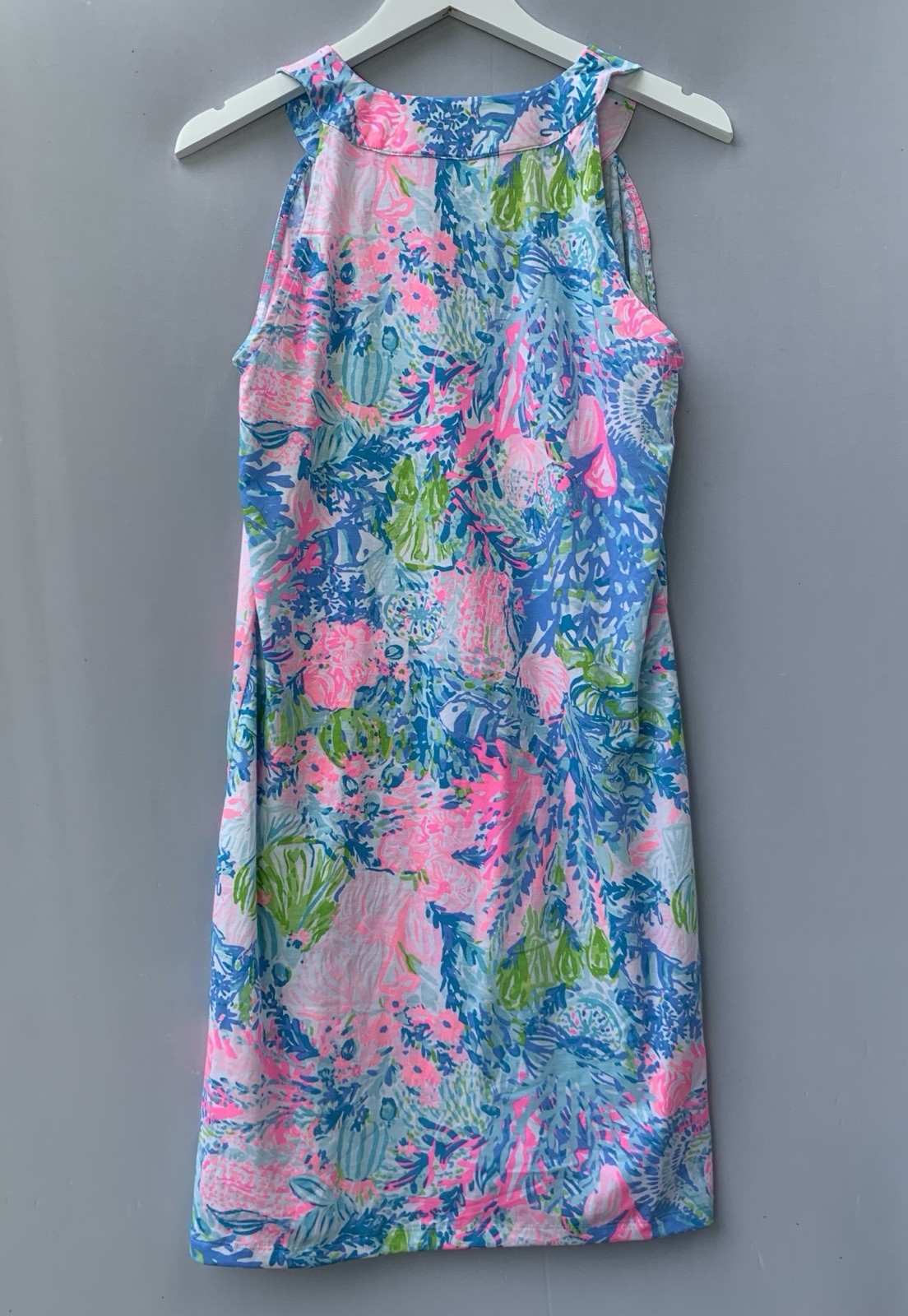 Lilly Pulitzer Dress Large Blue Pink Coral Ross Shift Fished My Wish Sleeveless