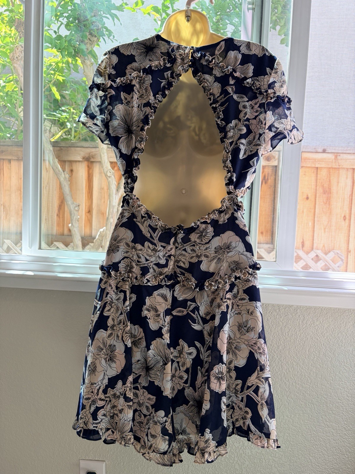 Bardot Floral Ruffle Cutout Fit & Flare Dress Blue/White US 8 M