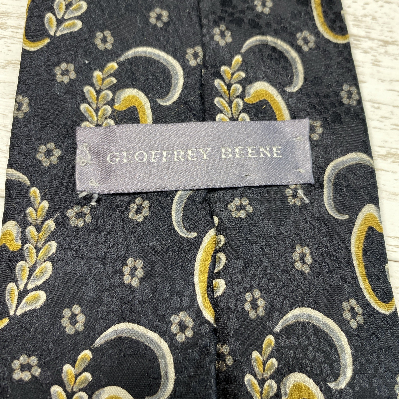 Geoffrey Beene 90s Silk Tie Black Gold Silver Monogram G Wheat Leaf Jacquard