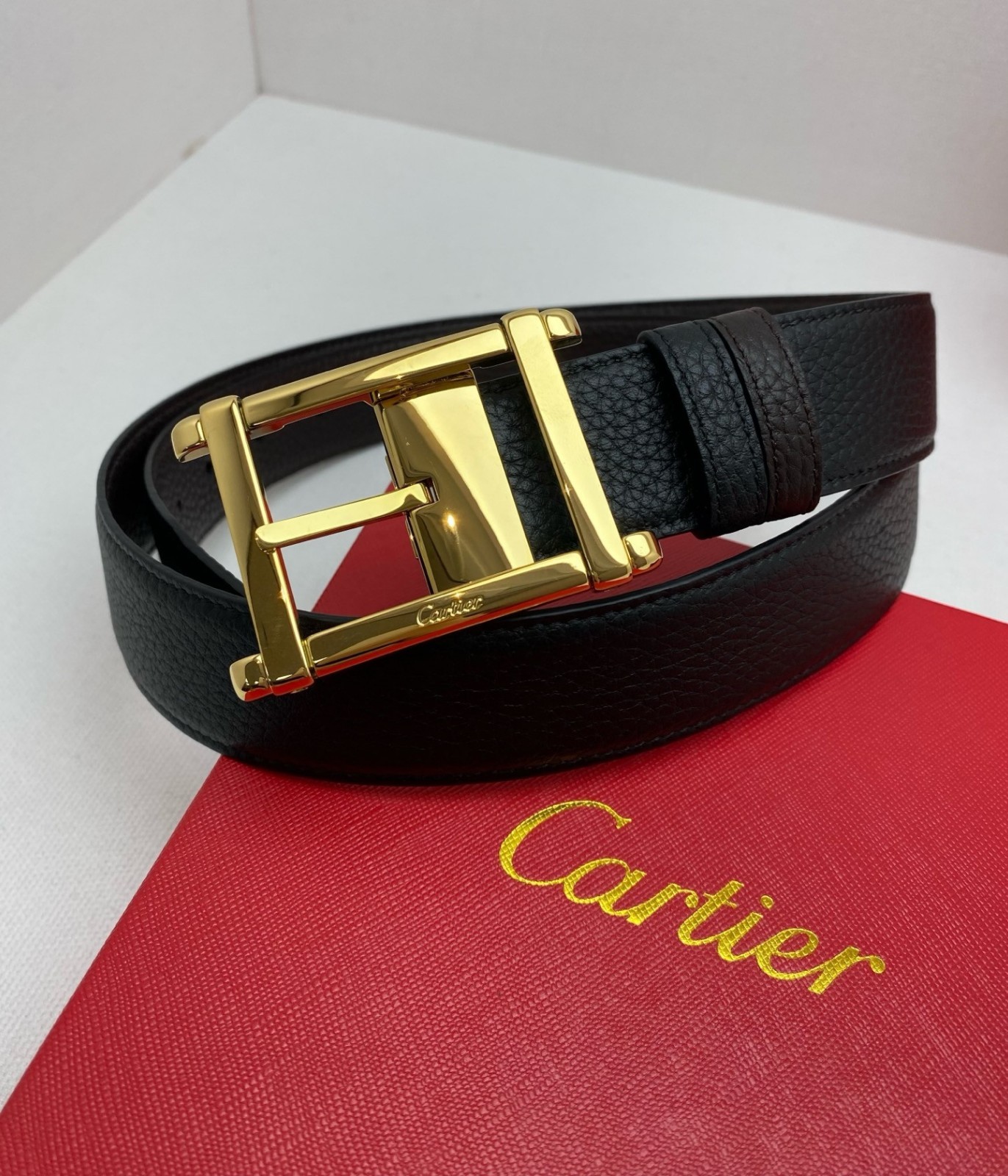 Cartier Black and brown double-sided cowhide men’s Gold buckle belt