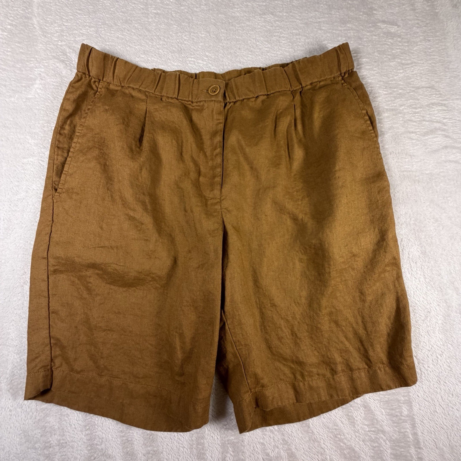 Eileen Fisher Organic Linen Shorts Womens M Camel Brown Pull On Casual Pockets