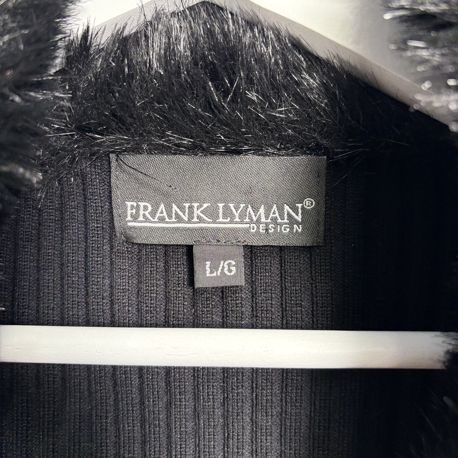 Frank Lyman Faux Fur Trim Cardigan Jacket Size Large Black Zip Knit Sweater