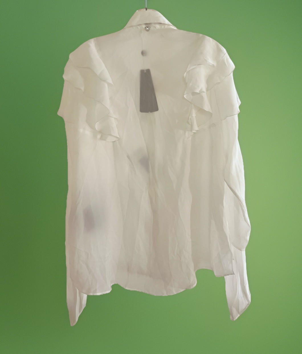 NWT Italy HIGH Tech/Use by Claire Campbell Ruffle Blouse Top White Sheer US 12