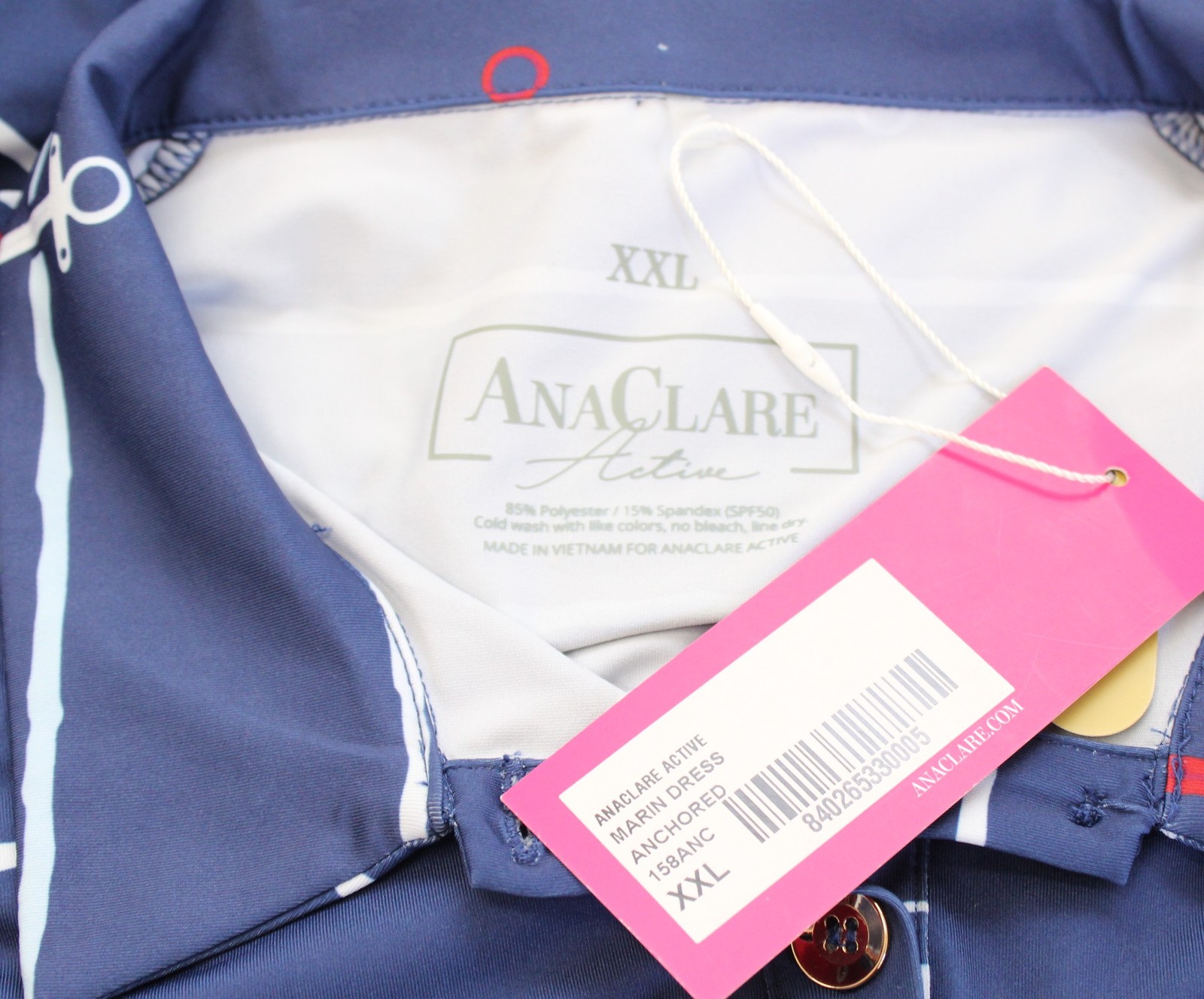 NWT Ana Clare Active Blue Anchor Print Marin Flounce Polo Dress Size XXL SPF50