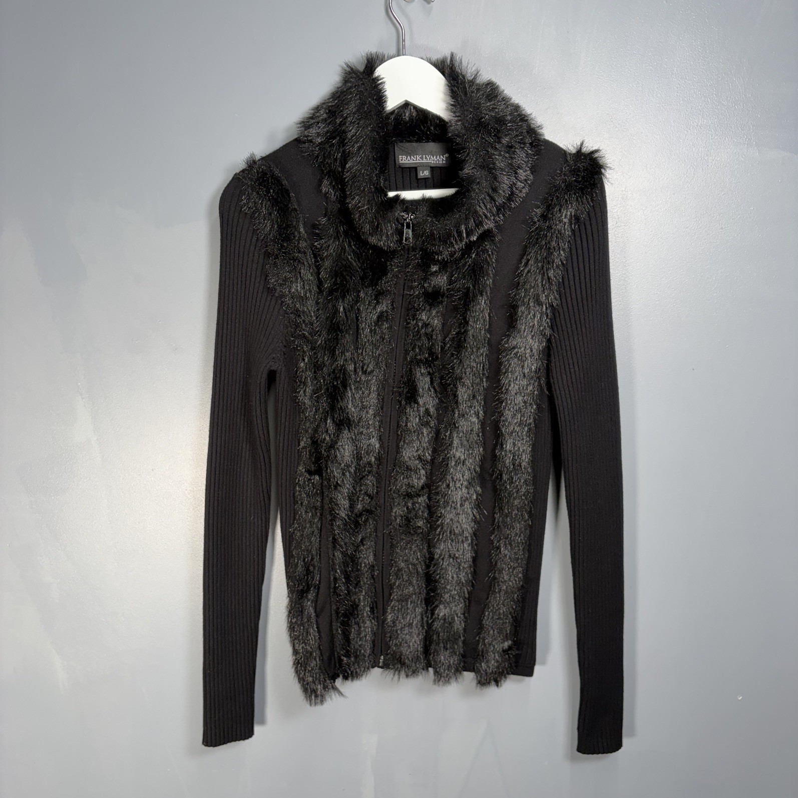 Frank Lyman Faux Fur Trim Cardigan Jacket Size Large Black Zip Knit Sweater