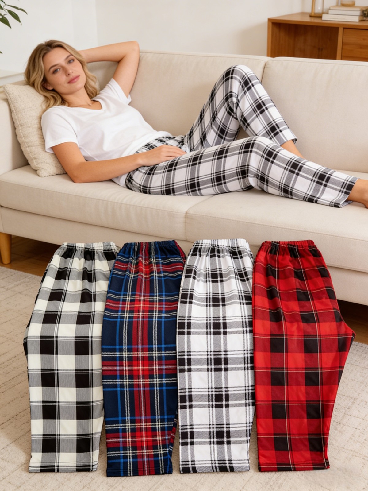 4 Pack Men’s Plaid Lounge Pants Elastic Waist Casual Sleepwear Pajama Bottoms