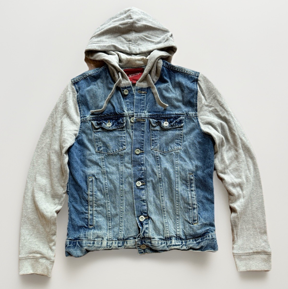 Arizona Jean Hooded Jacket Sz S Denim Button Up Blue Hybrid Trucker Distressed