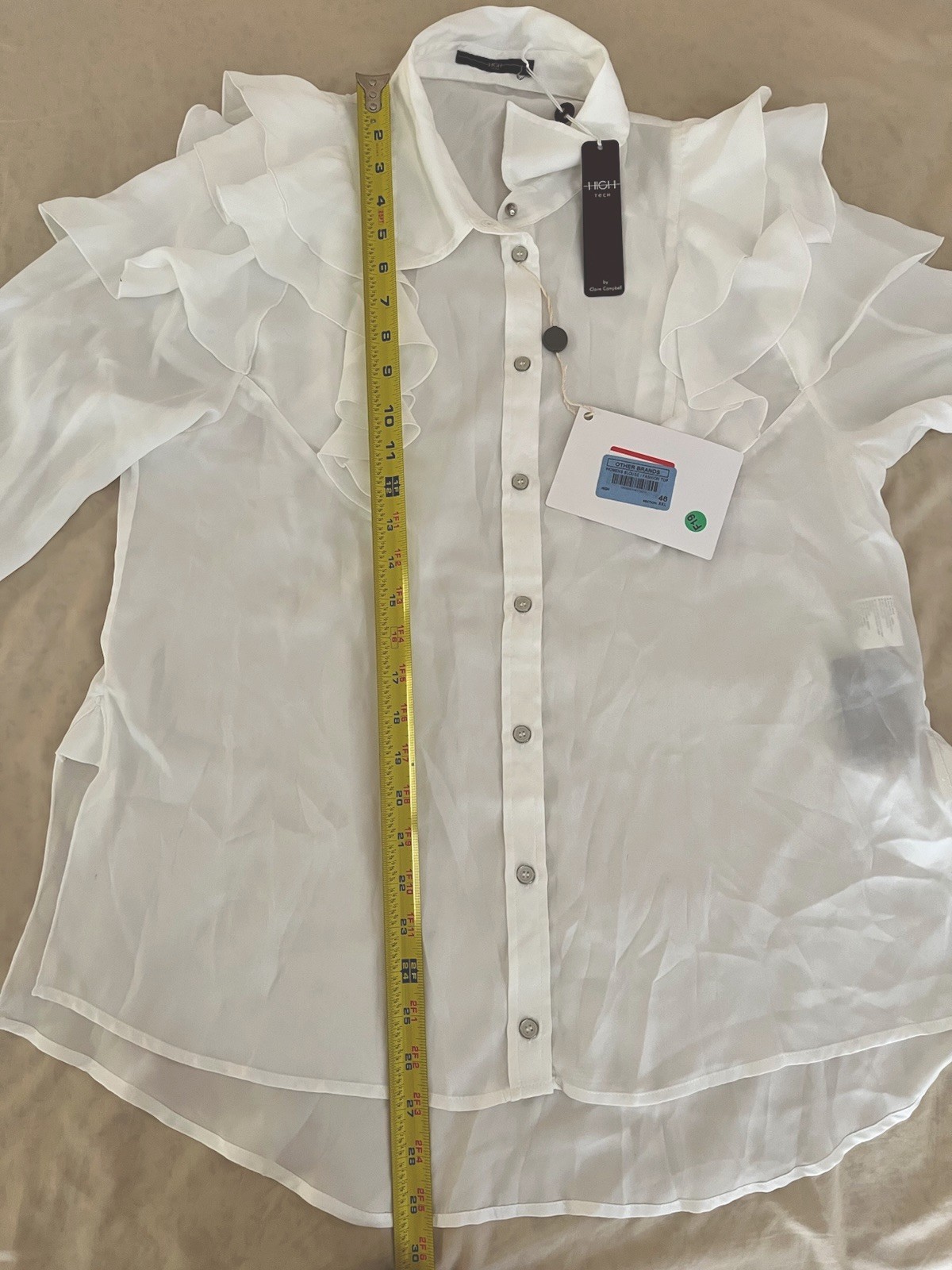 NWT Italy HIGH Tech/Use by Claire Campbell Ruffle Blouse Top White Sheer US 12