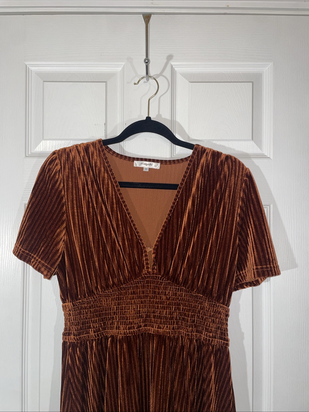 Sissyaki Womens Burnt Orange Velvet V-Neck Maxi Dress Size M