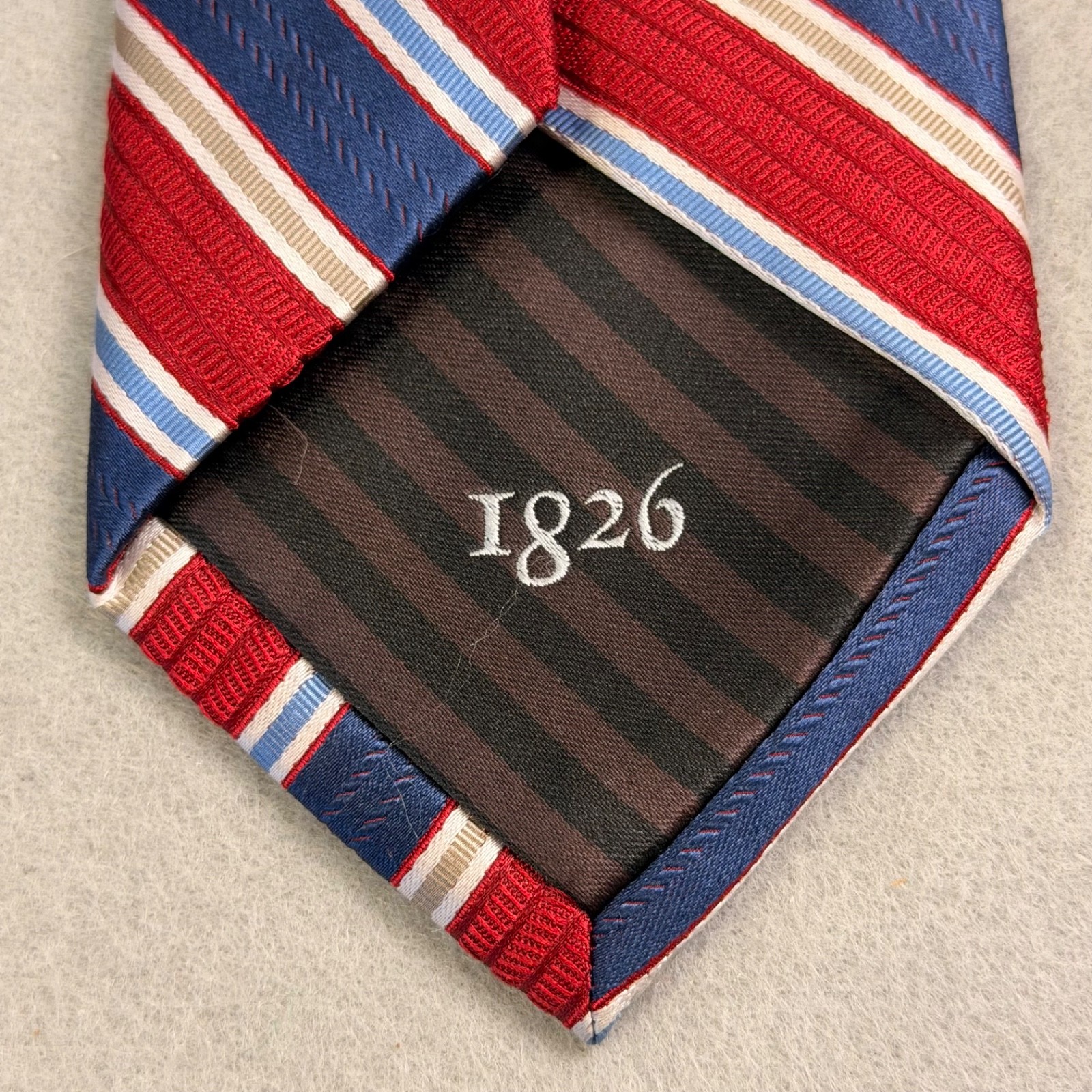 Black and Brown 1826 Regimental Red, Blue, Beige Stripes 100% Silk 61 x 3 3/4”