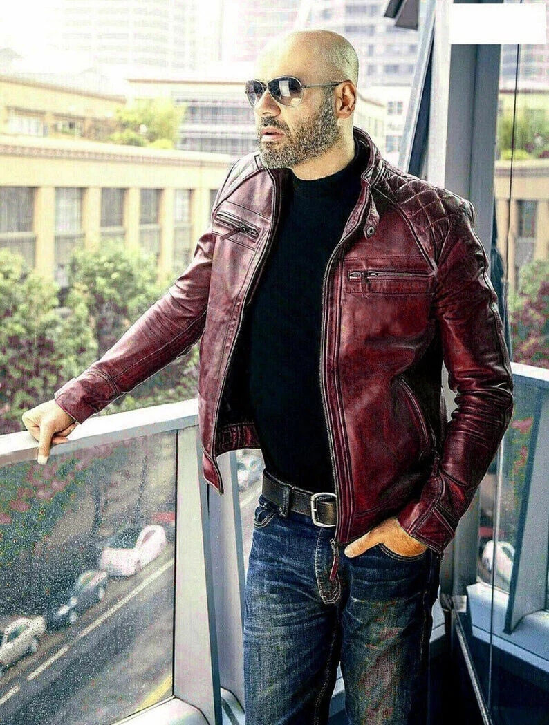 Men’s Handmade Diamond Classic Motorcycle Slim Fit Biker Red Real Leather Jacket