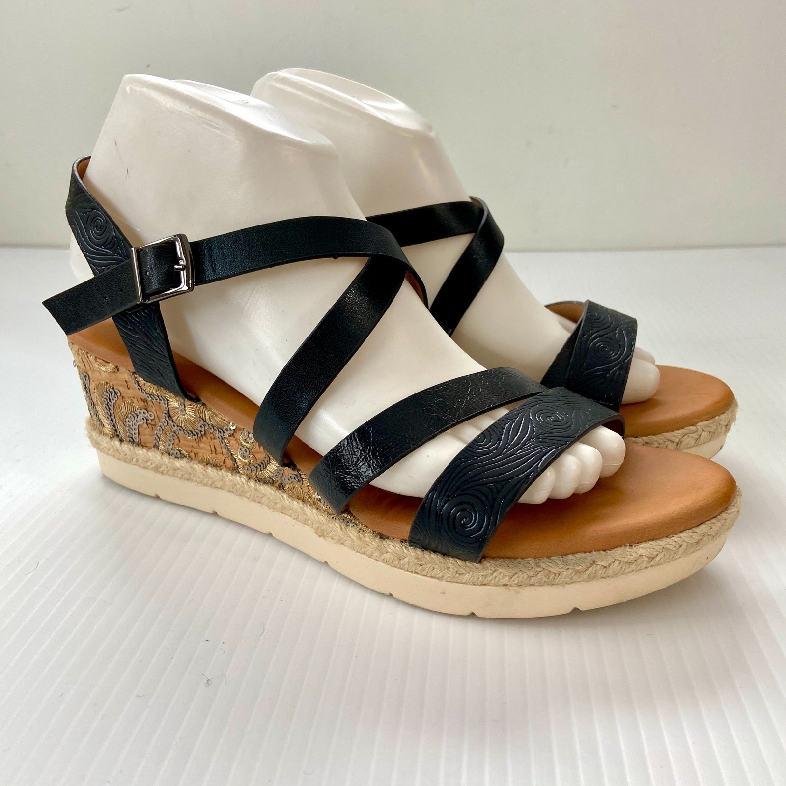 Patrizia Black Leather Cork Wedge Heel Strappy Sandals Womens EU 40 US 9