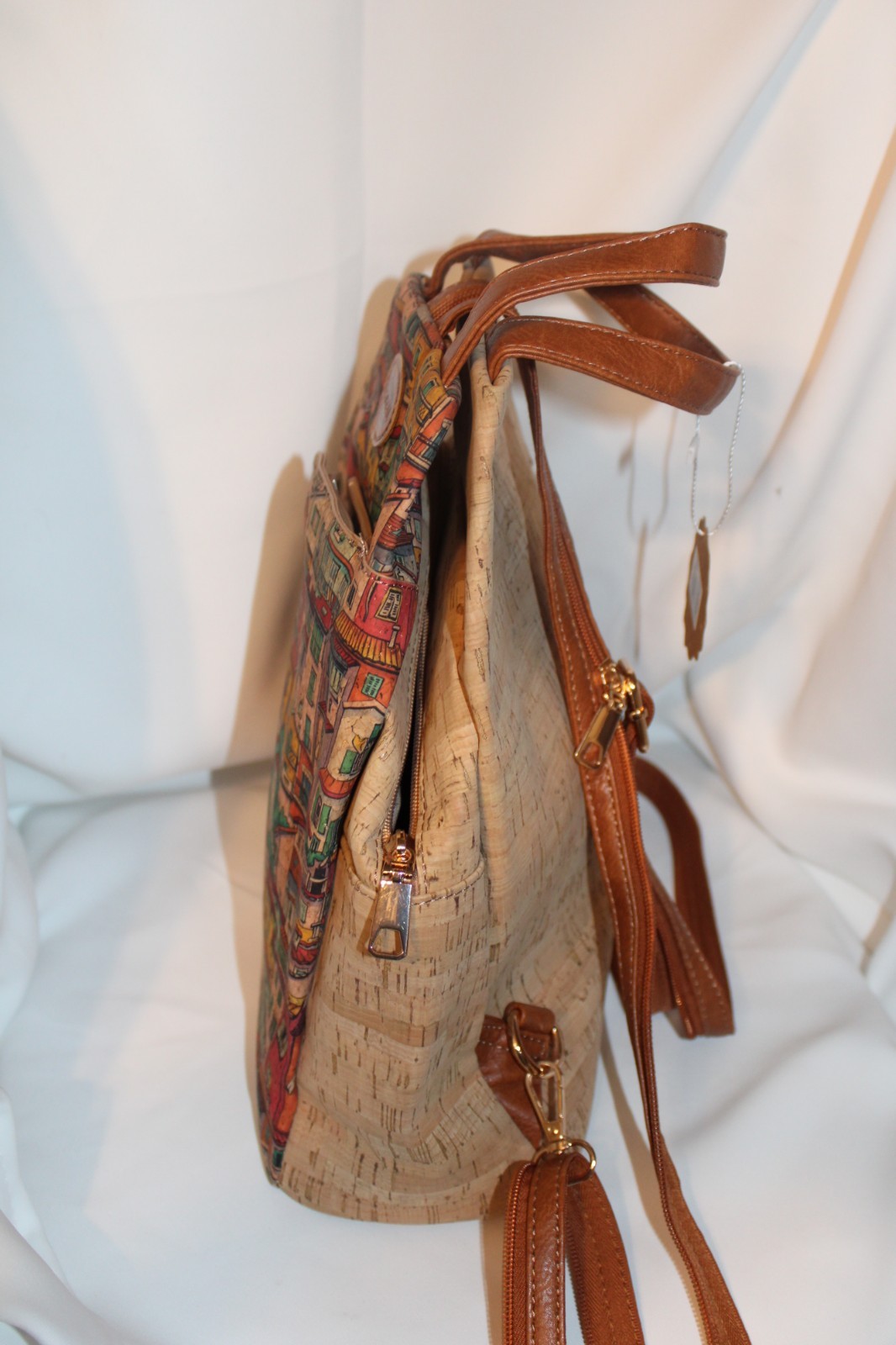 NWT 100% Cork handcrafted Portugal natural eco-friendly village pattern backpack