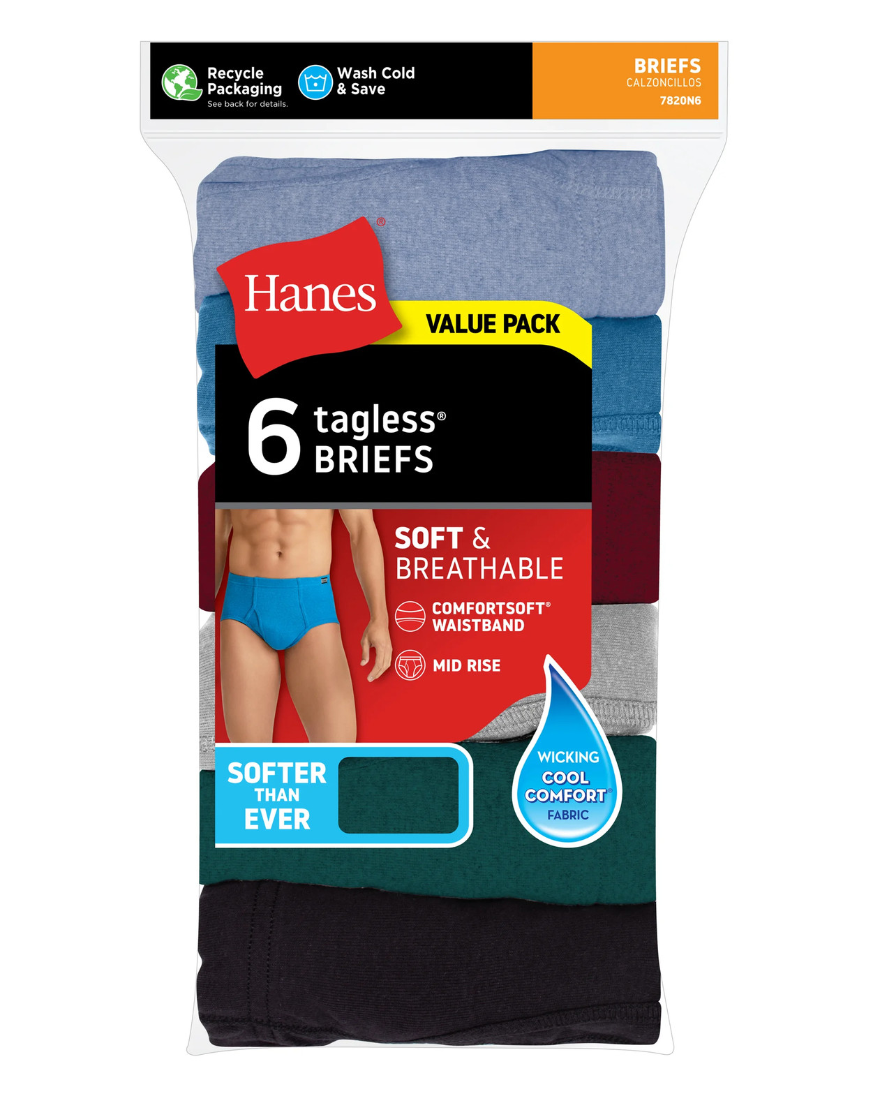 Hanes Men’s No Ride Up Briefs 6 Pack ComfortSoft Waistband TAGLESS Underwear