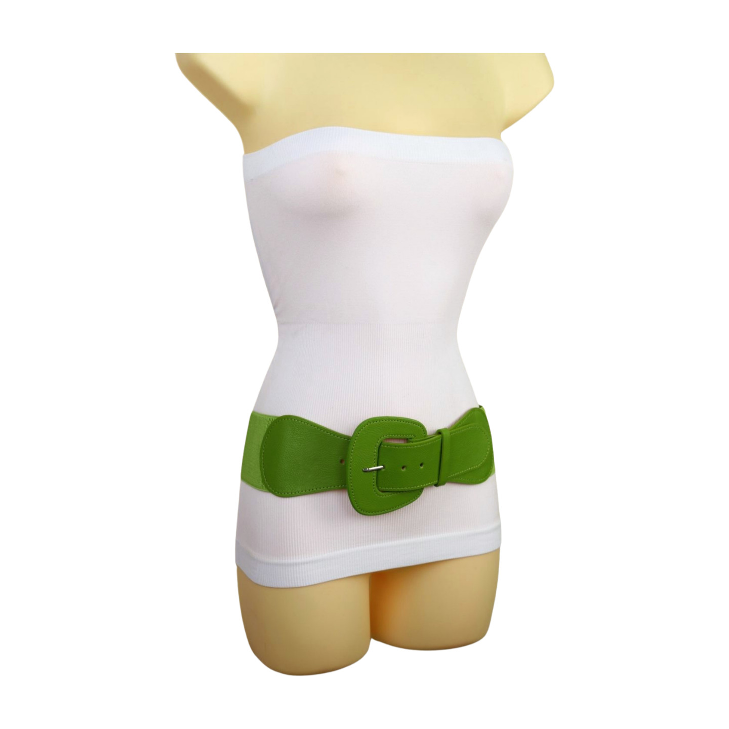 Women Olive Green Elastic Wide Day Casual Look Fashion Belt Big Buckle Size S M