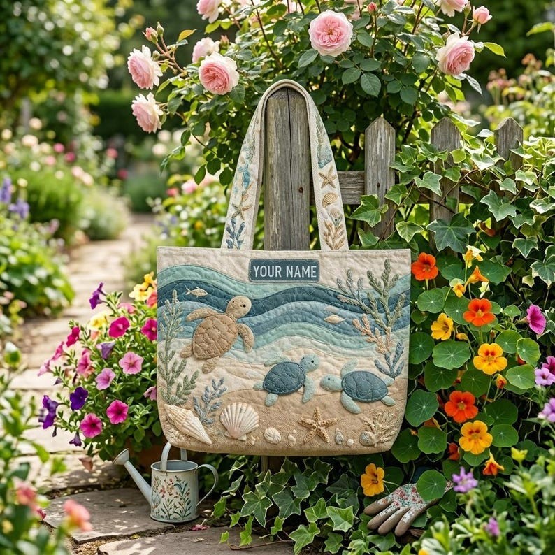 Custom Name Quilted Sea Turtle Tote Bag, Personalized Turtle Beach Handbag, Turt