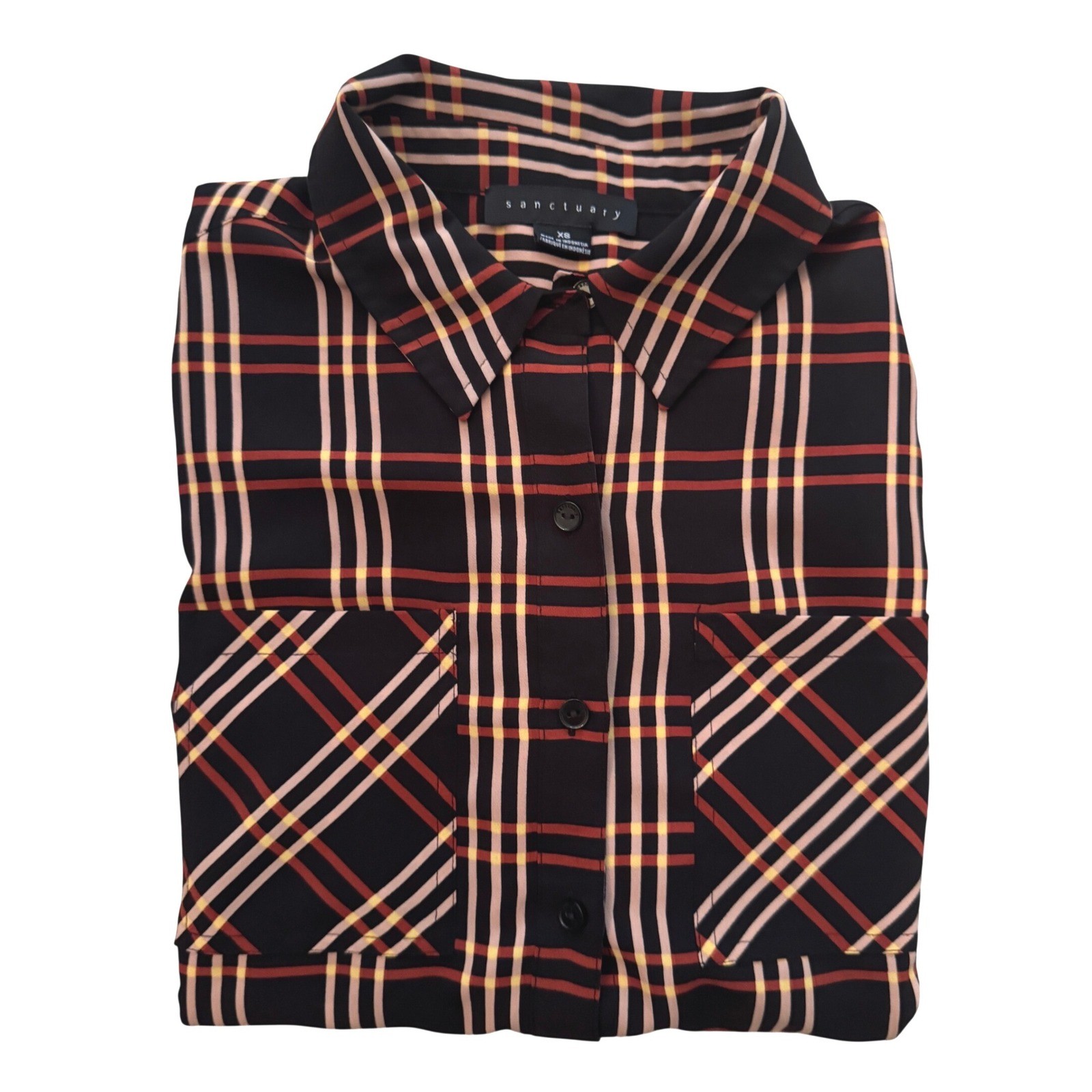 Sanctuary Plaid Button Down Shirt XS Black Burnt Orange Tan