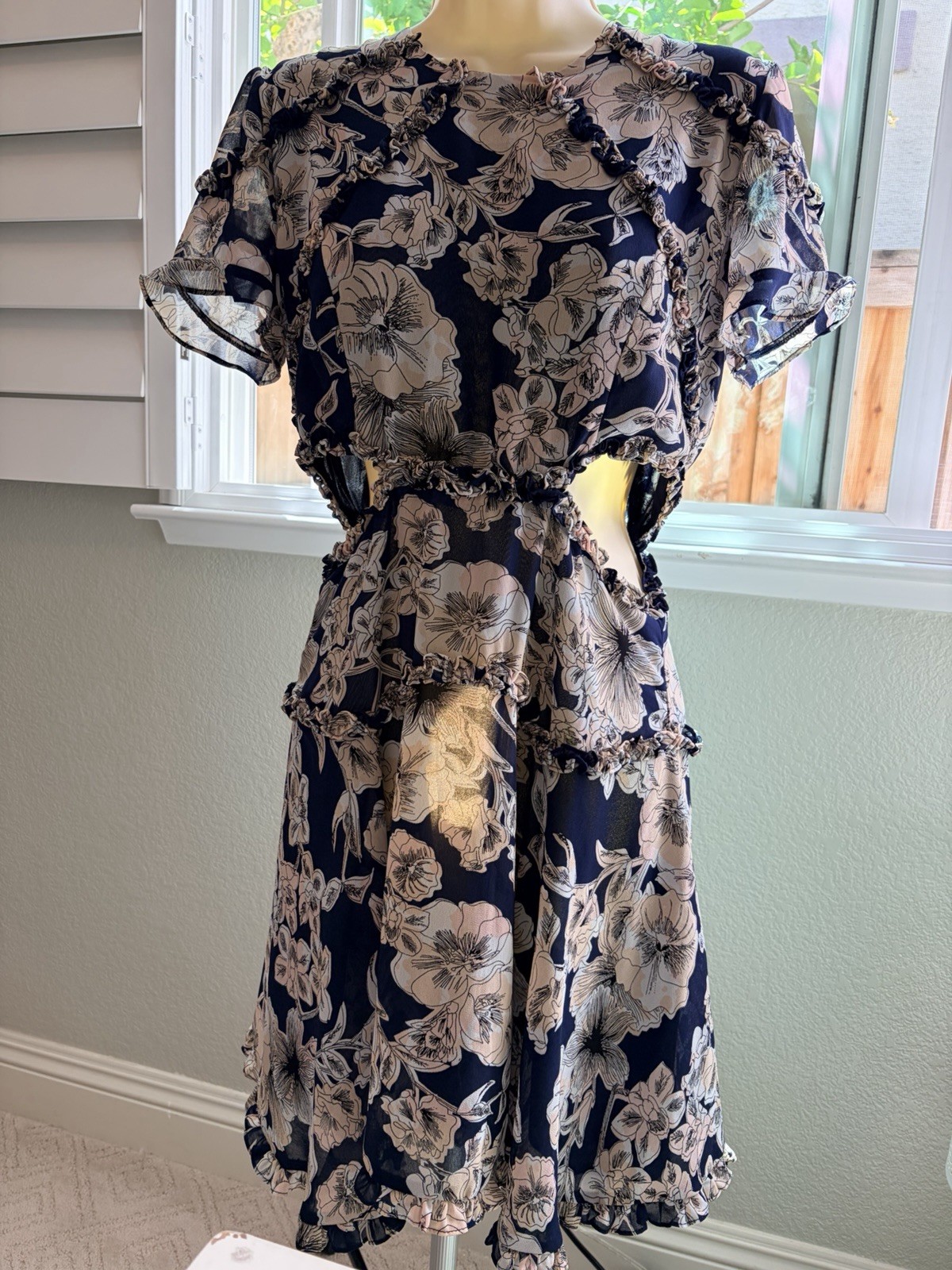 Bardot Floral Ruffle Cutout Fit & Flare Dress Blue/White US 8 M