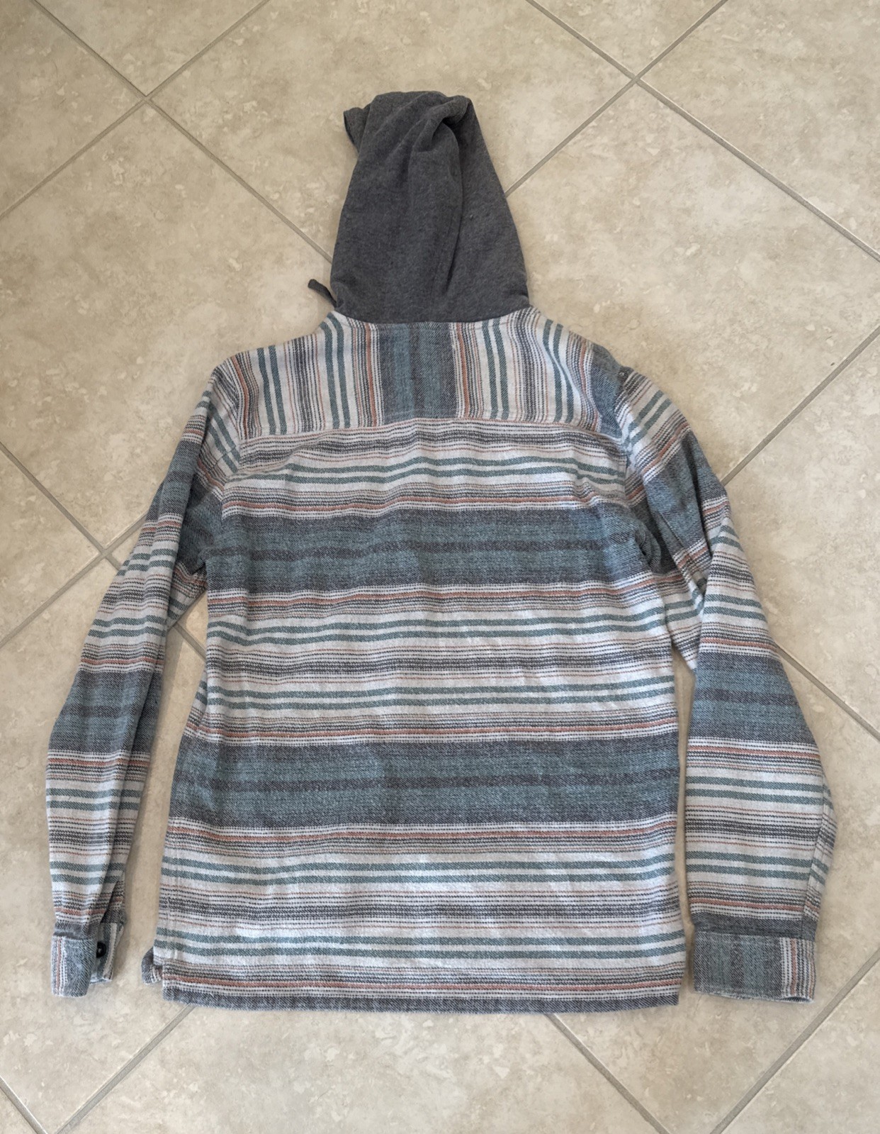 Billabong Baja Flannel Button Up Jacket Shacket Sz L Blue Green Striped Hooded