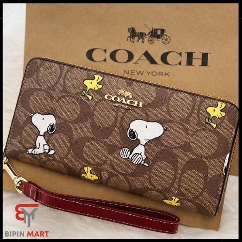 COACH x PEANUTS Long Zip around Wallet Snoopy Woodstock Khaki Signature F/S