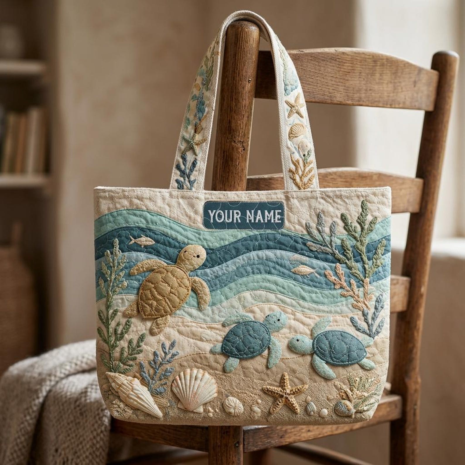 Custom Name Quilted Sea Turtle Tote Bag, Personalized Turtle Beach Handbag, Turt