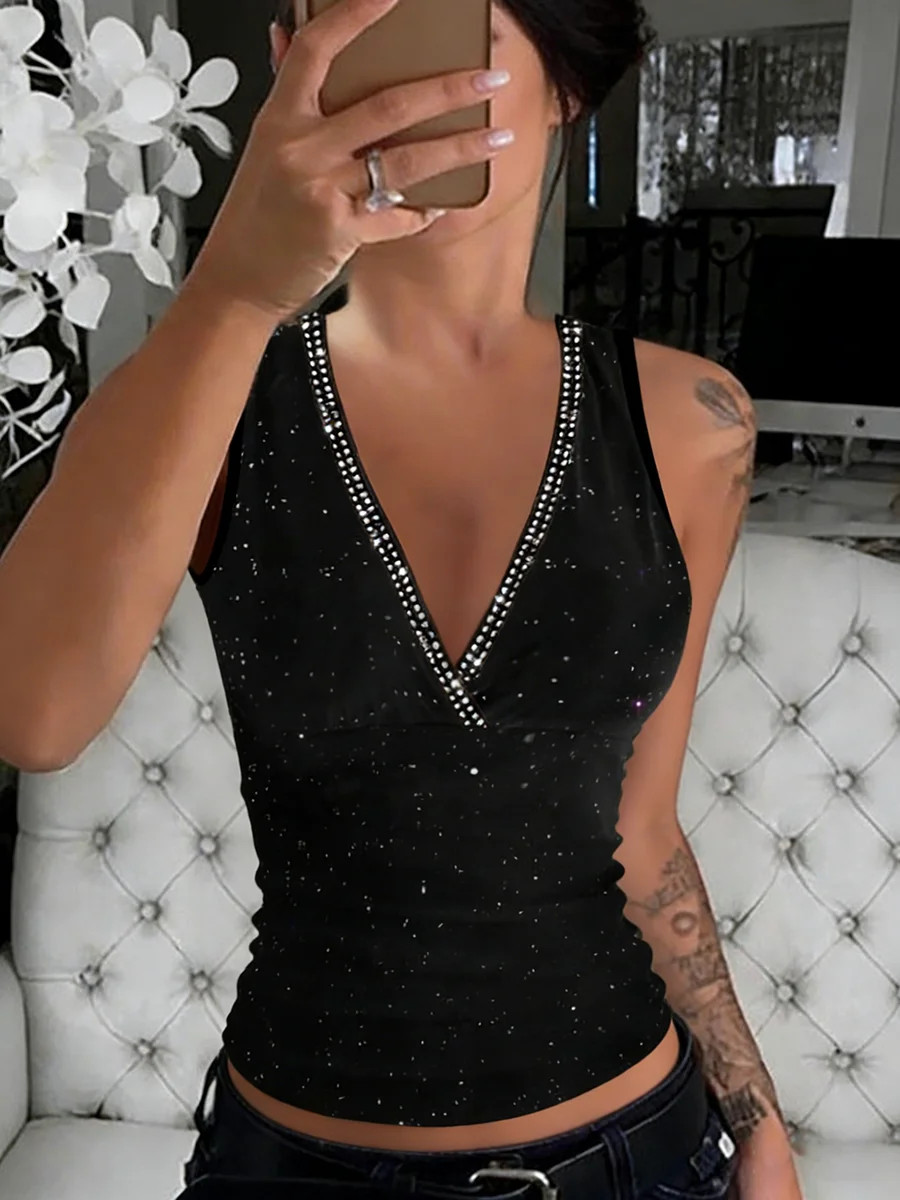 Women’s Fashion Tank Top Spring Summer Solid Black Top Glitter Rhinestone Trim D