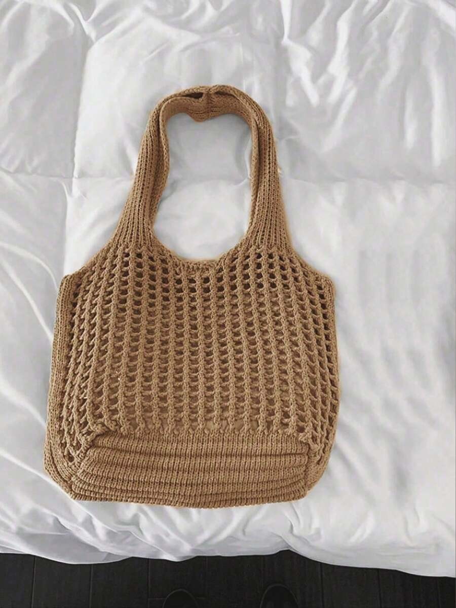 Crochet Woven Shopping Bag Hollow Out Beach Vacation Tote Foldable Mesh Bag