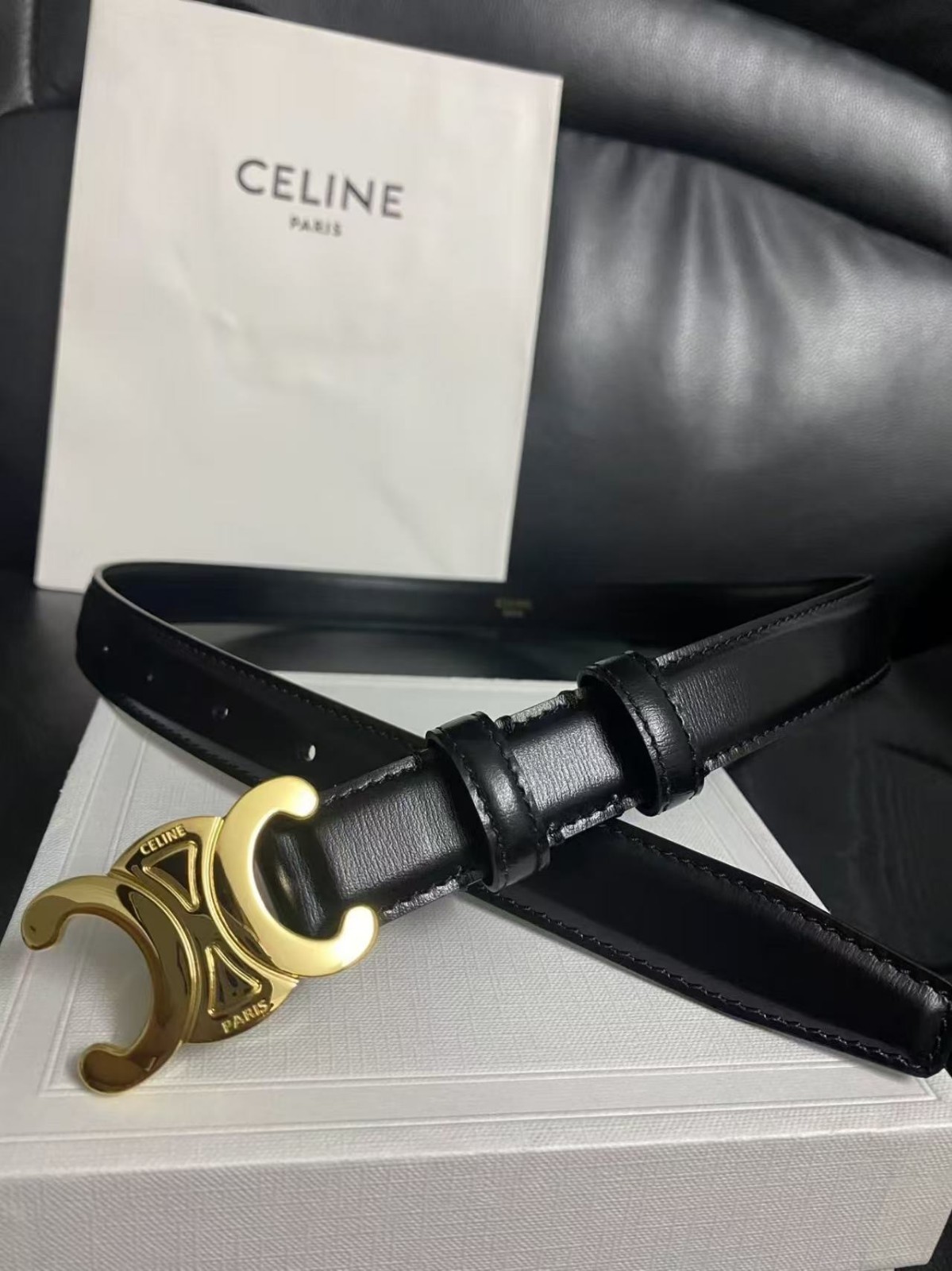 CELINE Women’s Black Fashion Belt Logo Buckle Gold-Plated Hardware Size 85