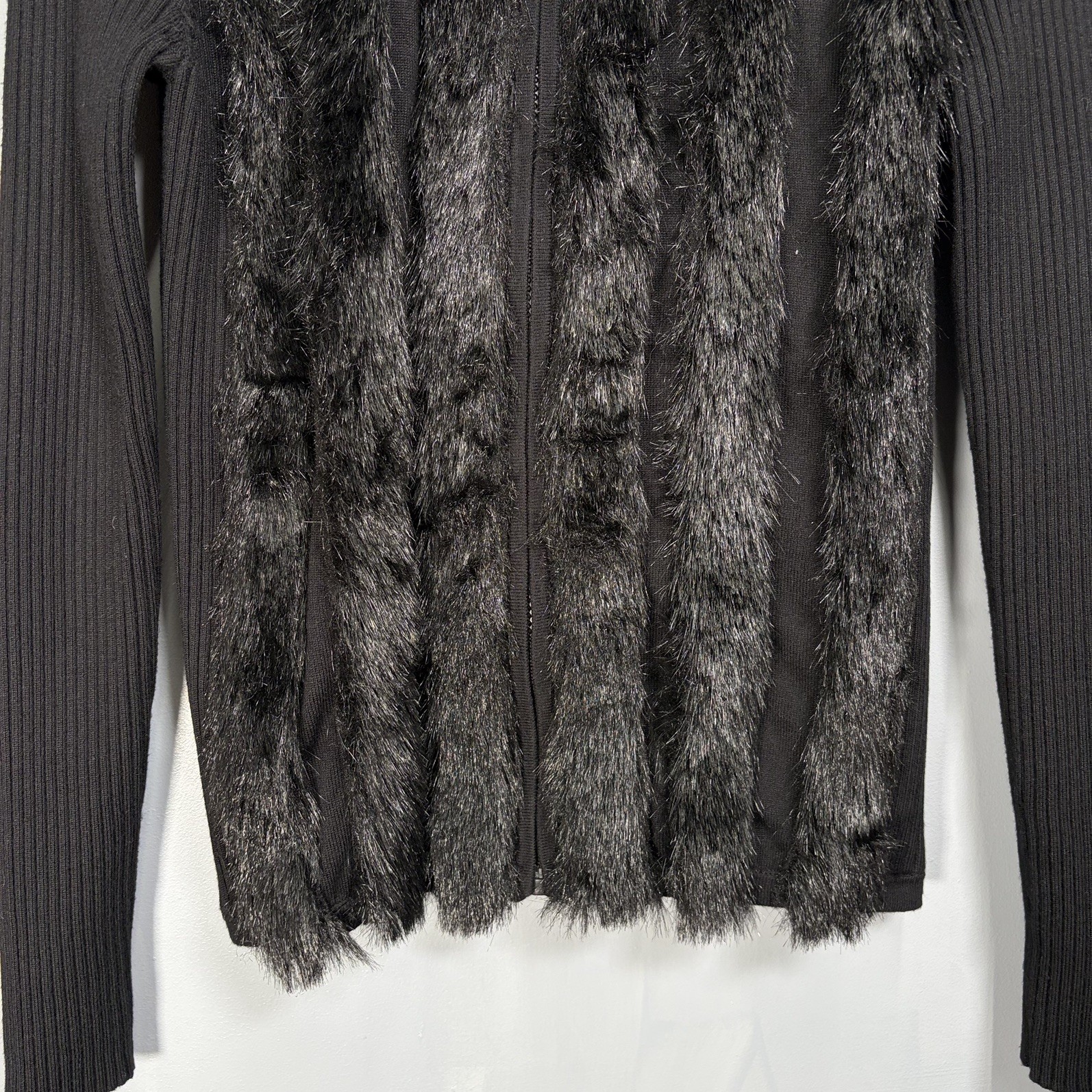 Frank Lyman Faux Fur Trim Cardigan Jacket Size Large Black Zip Knit Sweater