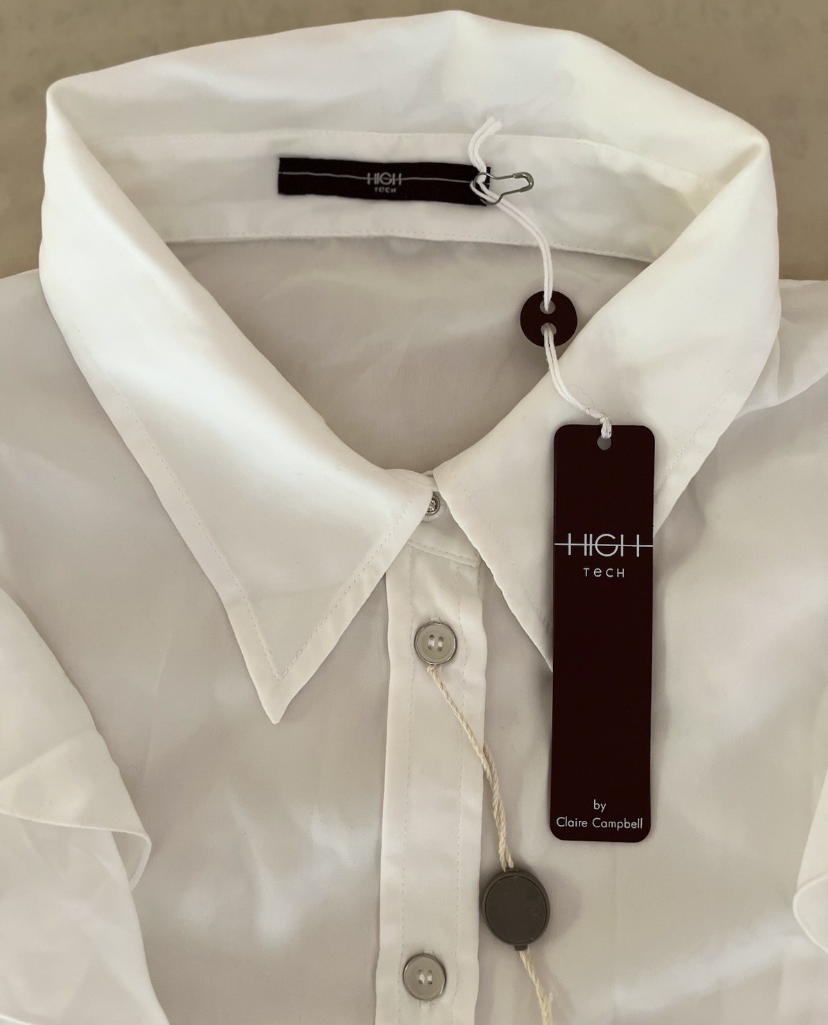 NWT Italy HIGH Tech/Use by Claire Campbell Ruffle Blouse Top White Sheer US 12
